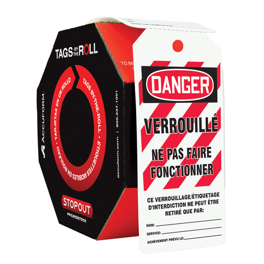 Accuform Signs Tags By-The-Roll Lockout Tags, Plastic, 3" W x 6-1/4" H, French