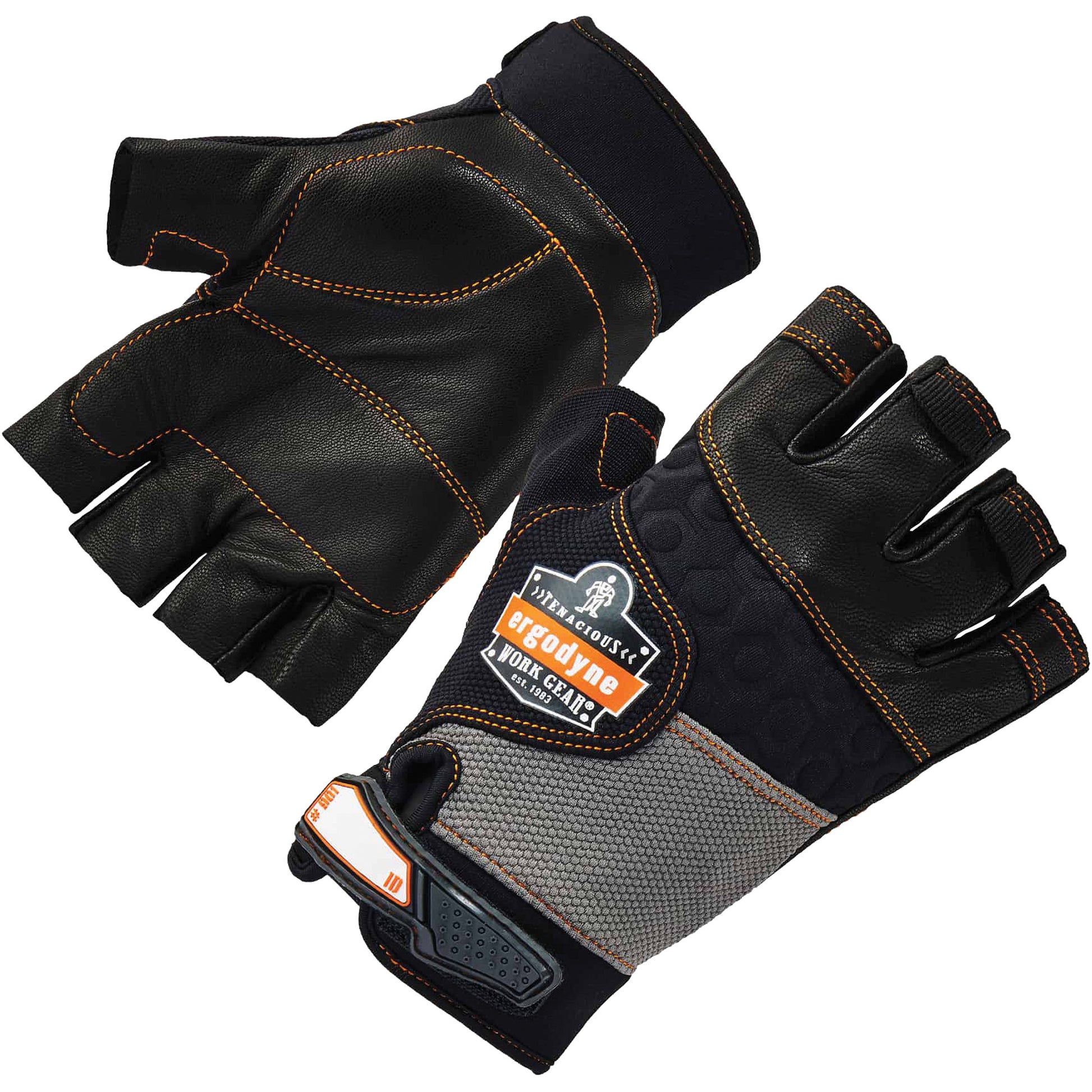 Ergodyne ProFlex 901 Half-Finger Leather Impact Gloves, Large, Grain Leather Palm, Hook & Loop Cuff