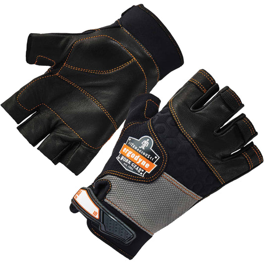 Ergodyne ProFlex 901 Half-Finger Leather Impact Gloves, Large, Grain Leather Palm, Hook & Loop Cuff