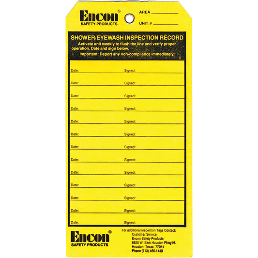 Encon Emergency Shower & Eyewash Inspection Record Tag, Cardstock, 3-1/8" W x 6-1/4" H, English