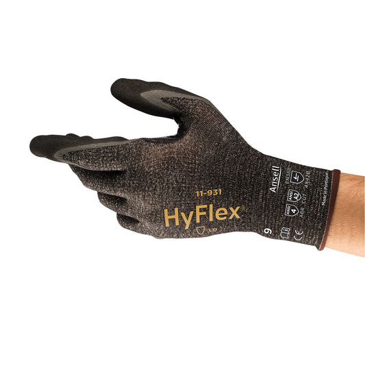 Ansell HyFlex® 11-931 Lightweight Palm-Dipped Gloves, Size Large/9, 18 Gauge, Foam Nitrile Coated, Dyneema® Shell, ASTM ANSI Level A2/EN 388 Level B