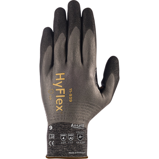 Ansell HyFlex® 11-939 Lightweight Full-Dipped Gloves, Size X-Large/10, 18 Gauge, Foam Nitrile Coated, Dyneema® Shell, ASTM ANSI Level A2/EN 388 Level B