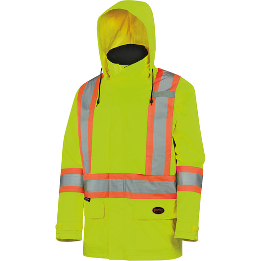Pioneer 5596 High-Visibility Lightweight Waterproof Safety Jacket with Detachable Hood, Polyester, High Visibility Lime-Yellow, Medium