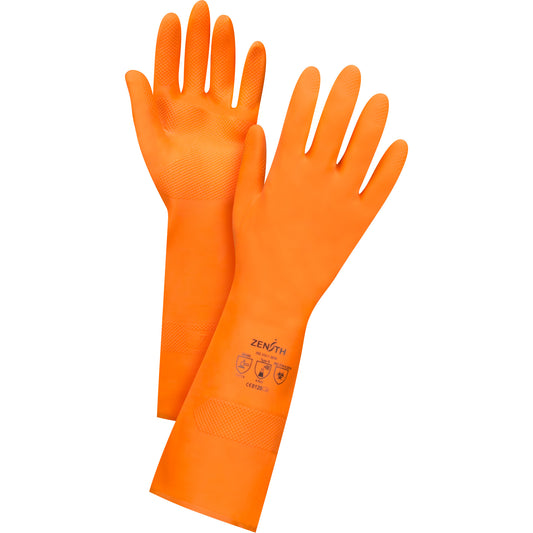 Zenith Safety Products Premium Orange Chemical-Resistant Gloves, Size X-Large/10, 13" L, Rubber Latex, Flock-Lined Inner Lining, 28-mil