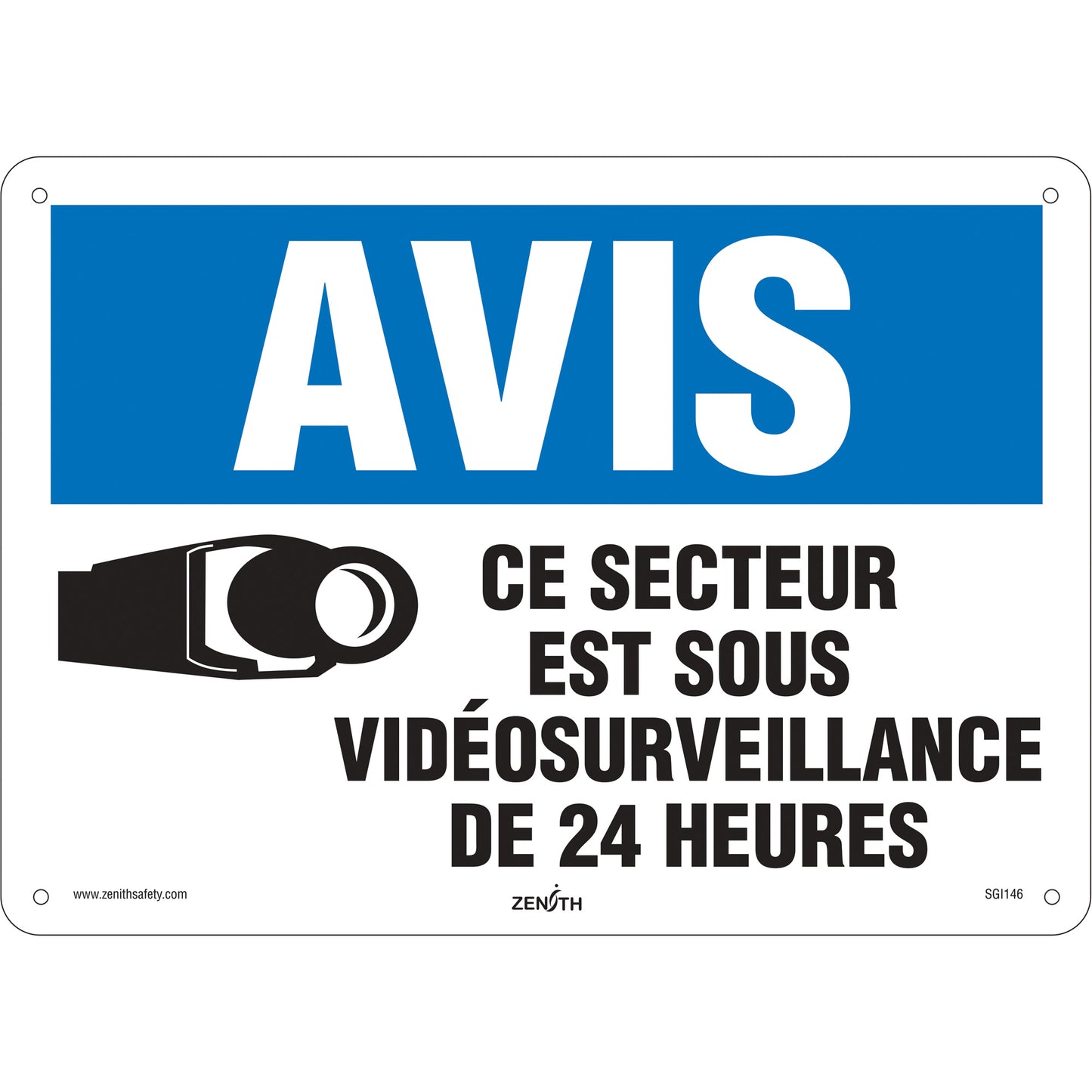 Zenith Safety Products "Sous vidéosurveillance" Sign, 10" x 14", Aluminum, French with Pictogram