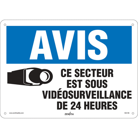 Zenith Safety Products "Sous vidéosurveillance" Sign, 10" x 14", Aluminum, French with Pictogram