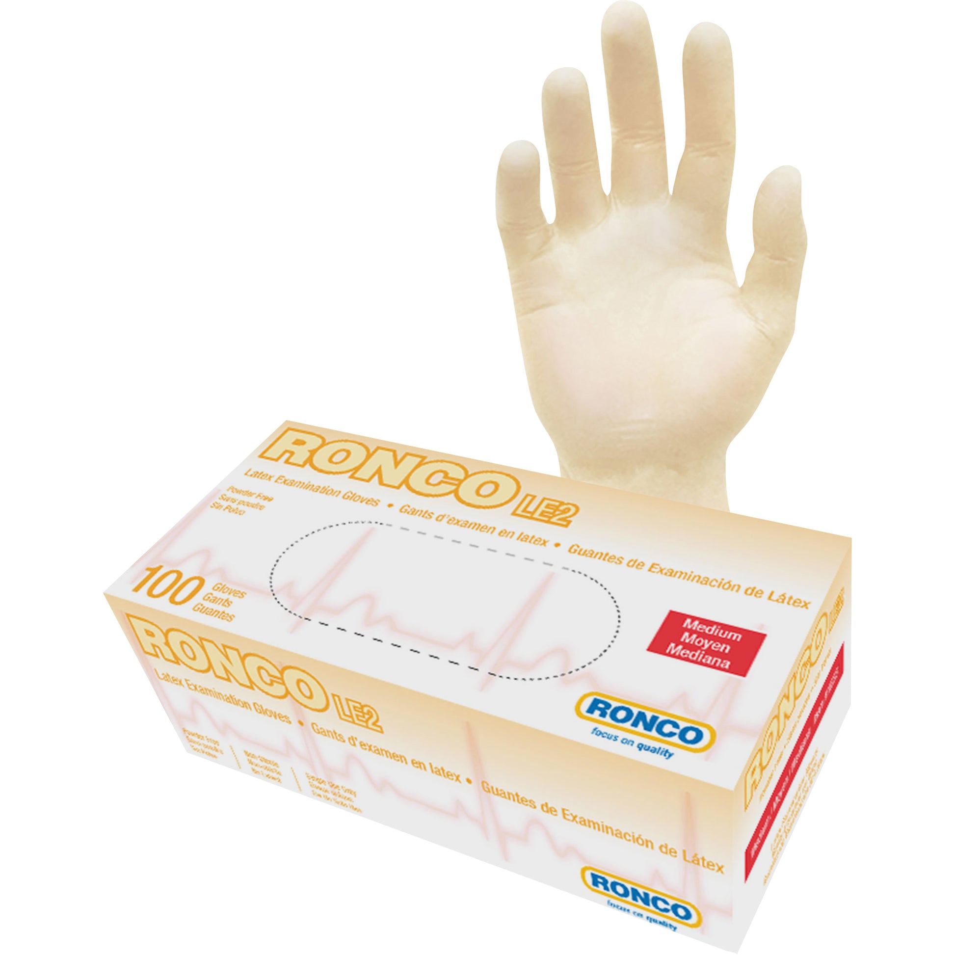 Ronco Disposable Gloves, Medium, Latex, 4-mil, Powder-Free, Natural, Class 2