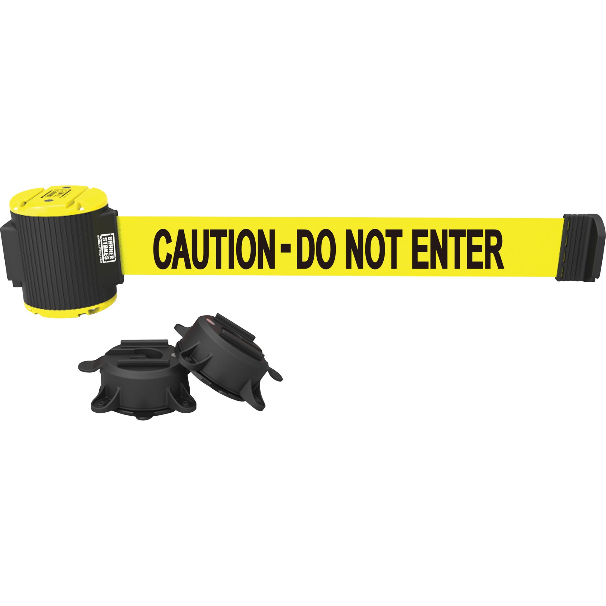 Banner Stakes Wall Mount Barrier, Plastic, Magnetic Mount, 30', Yellow Tape