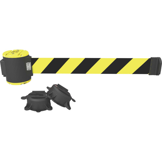 Banner Stakes Wall Mount Barrier, Plastic, Magnetic Mount, 30', Black and Yellow Tape