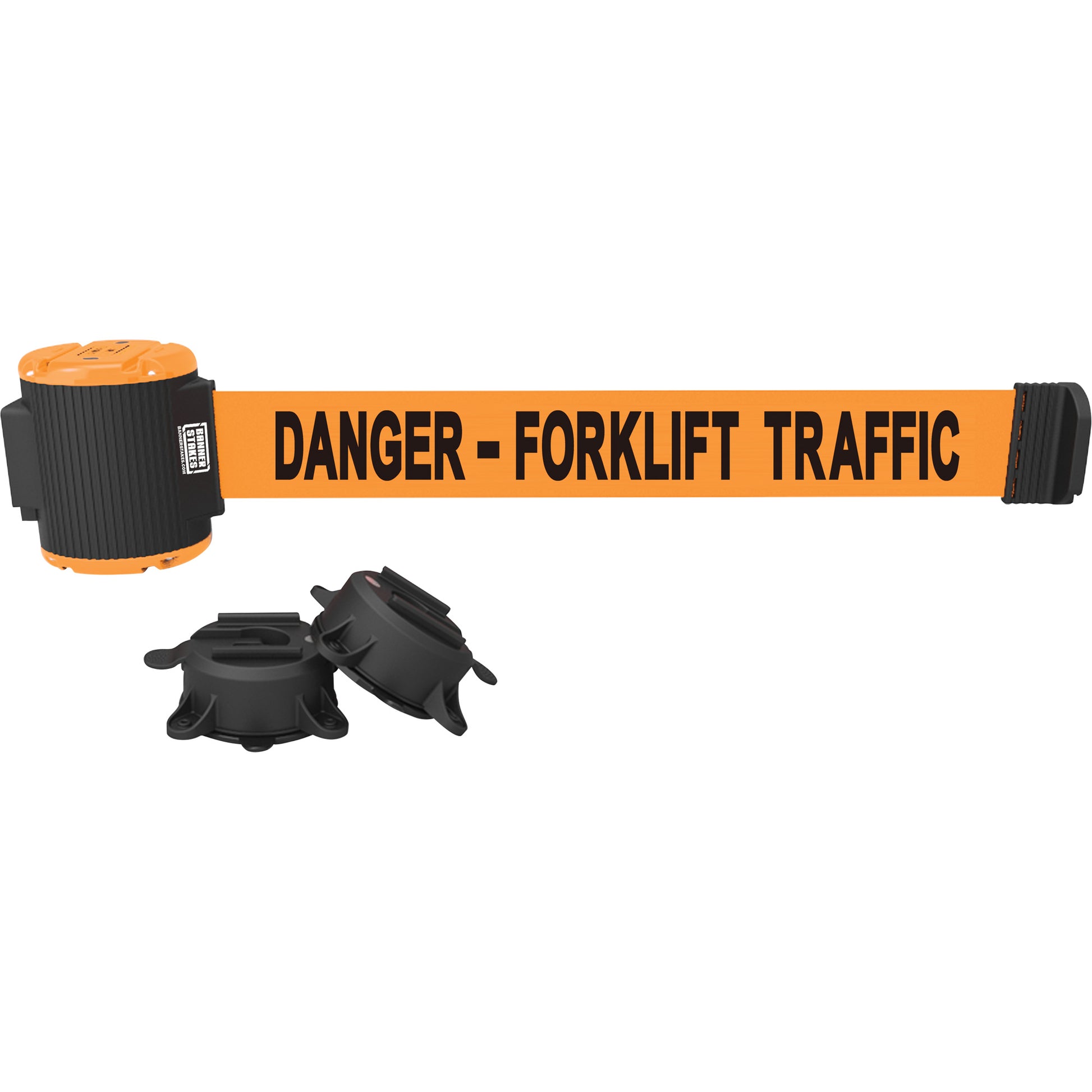 Banner Stakes Wall Mount Barrier, Plastic, Magnetic Mount, 30', Orange Tape