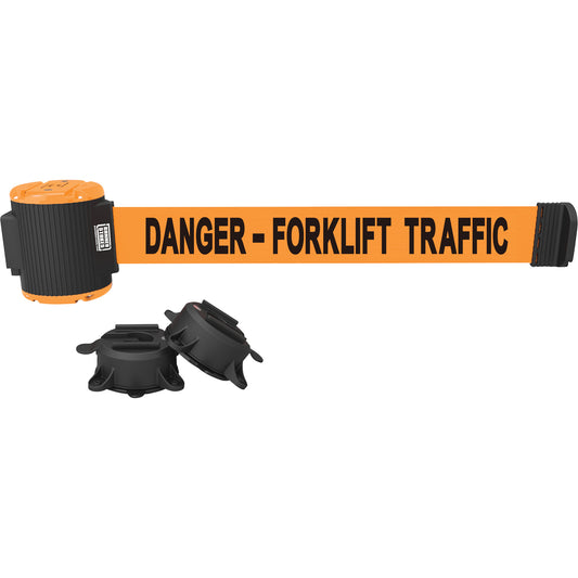 Banner Stakes Wall Mount Barrier, Plastic, Magnetic Mount, 30', Orange Tape