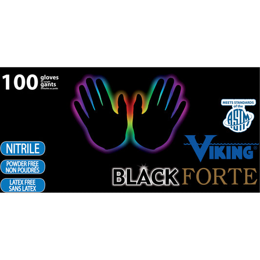 Viking 34605 Forte Disposable Gloves, Large, Nitrile, 6-mil, Powder-Free, Black