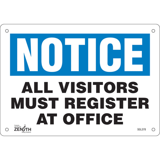 Zenith Safety Products "All Visitors Must Register" Sign, 7" x 10", Plastic, English