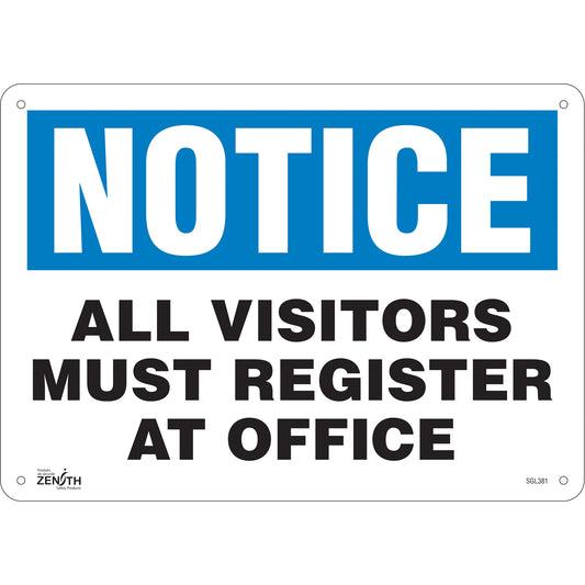 Zenith Safety Products "All Visitors Must Register" Sign, 10" x 14", Plastic, English