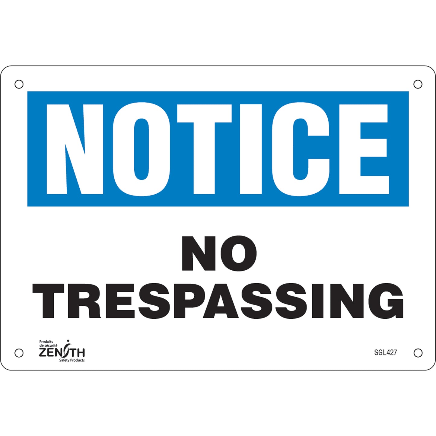 Zenith Safety Products "No Trespassing" Sign, 7" x 10", Aluminum, English