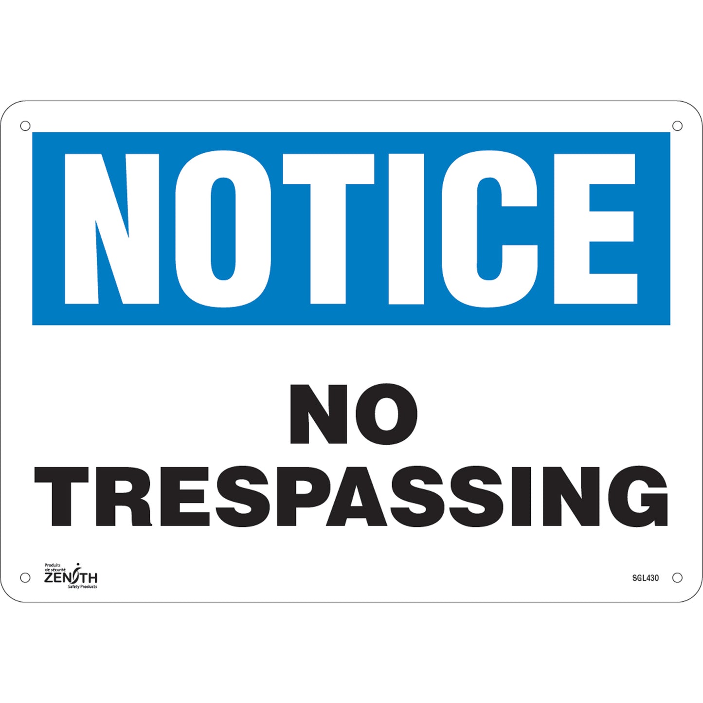 Zenith Safety Products "No Trespassing" Sign, 10" x 14", Aluminum, English