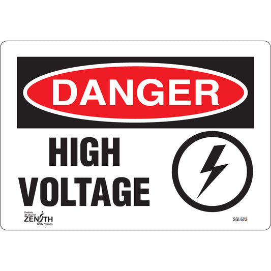 Zenith Safety Products "High Voltage" Sign, 7" x 10", Vinyl, English with Pictogram