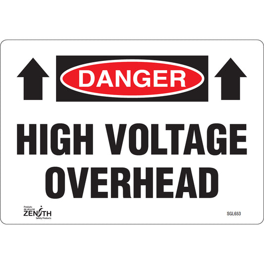 Zenith Safety Products "High Voltage Overhead" Sign, 7" x 10", Vinyl, English with Pictogram
