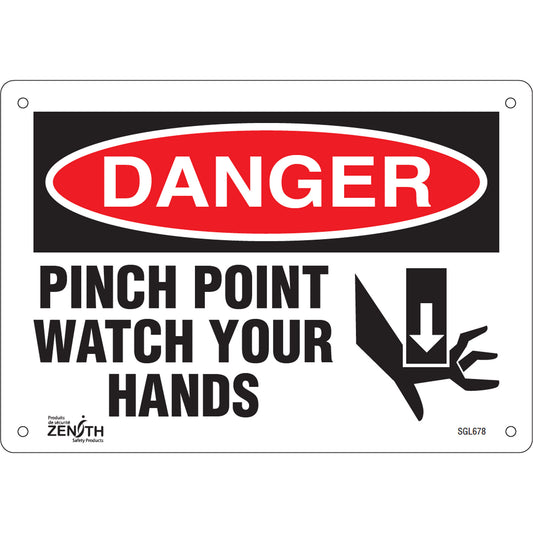 Zenith Safety Products "Pinch Point" Sign, 7" x 10", Plastic, English with Pictogram