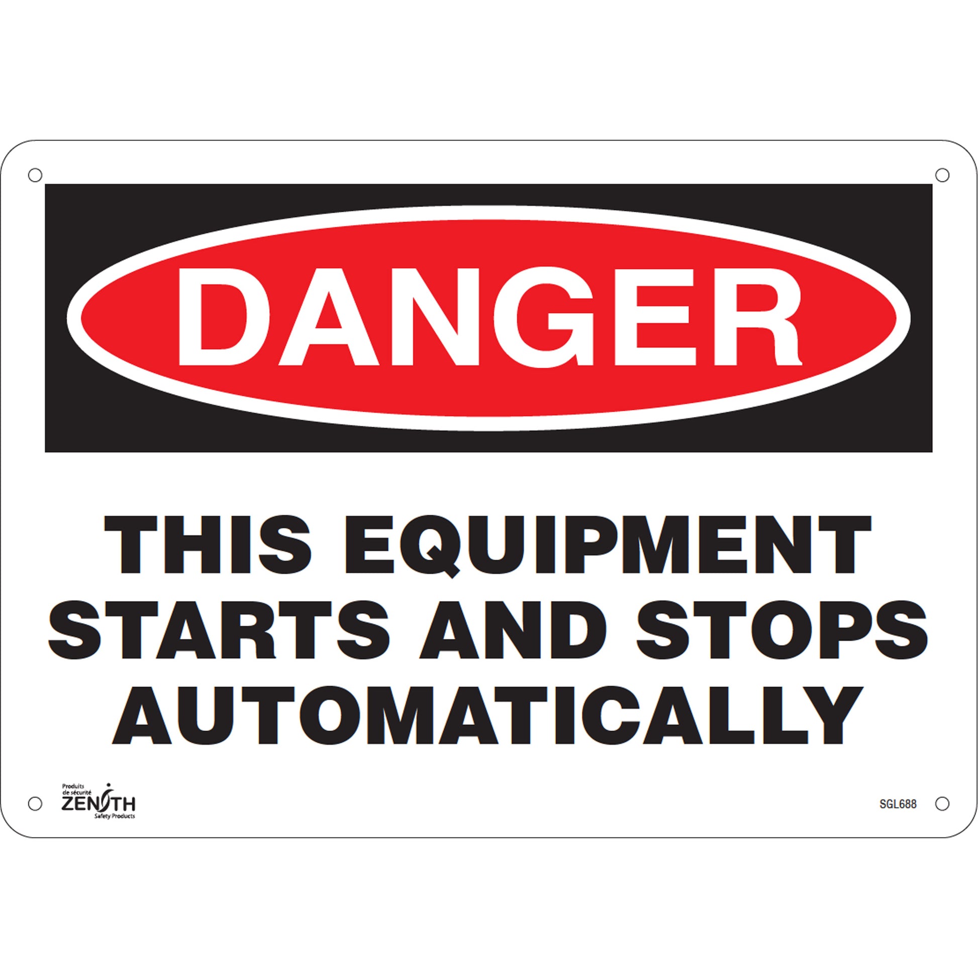 Zenith Safety Products "This Equipment Starts And Stops Automatically" Sign, 10" x 14", Aluminum, English