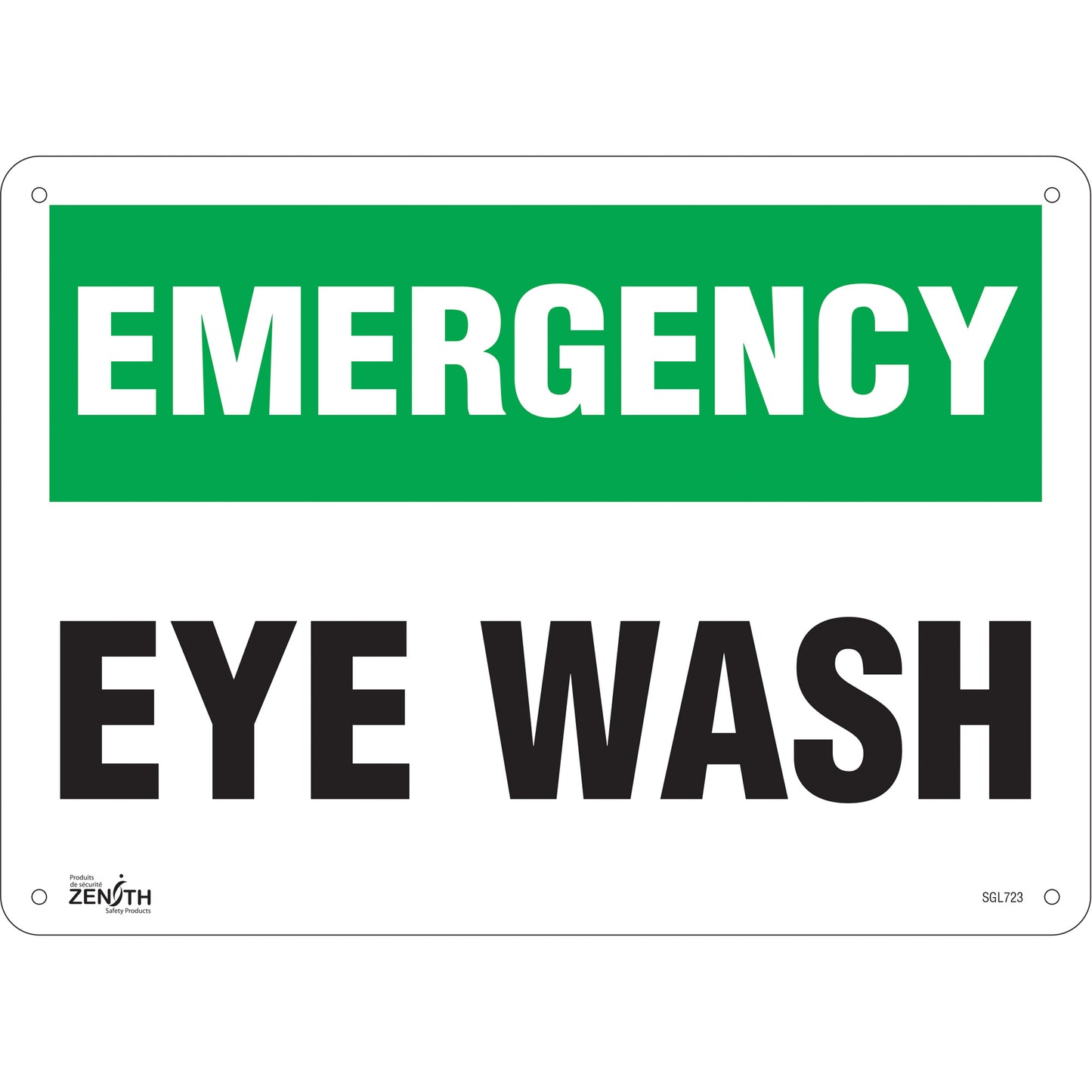 Zenith Safety Products "Eye Wash" Sign, 10" x 14", Plastic, English