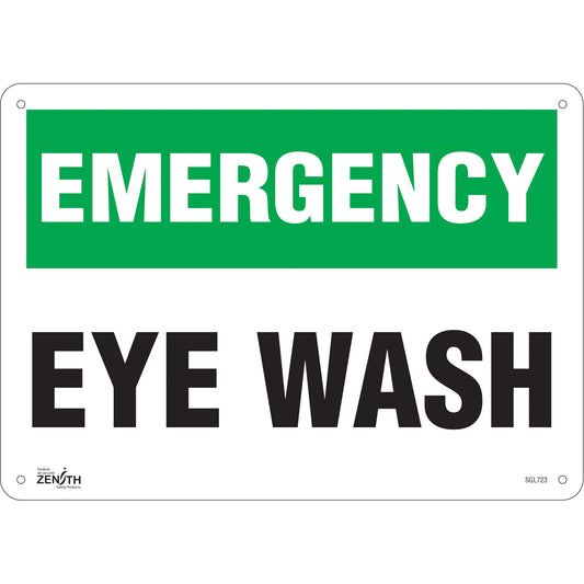 Zenith Safety Products "Eye Wash" Sign, 10" x 14", Plastic, English