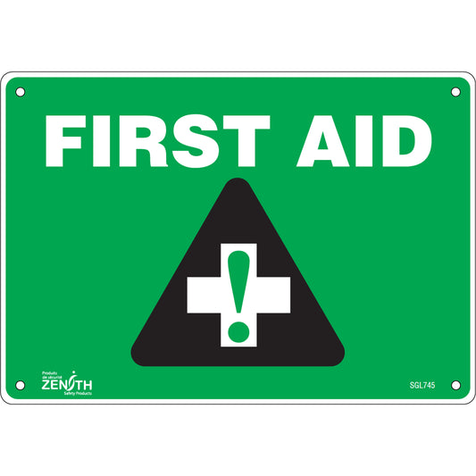 Zenith Safety Products "First Aid" Sign, 7" x 10", Aluminum, English with Pictogram