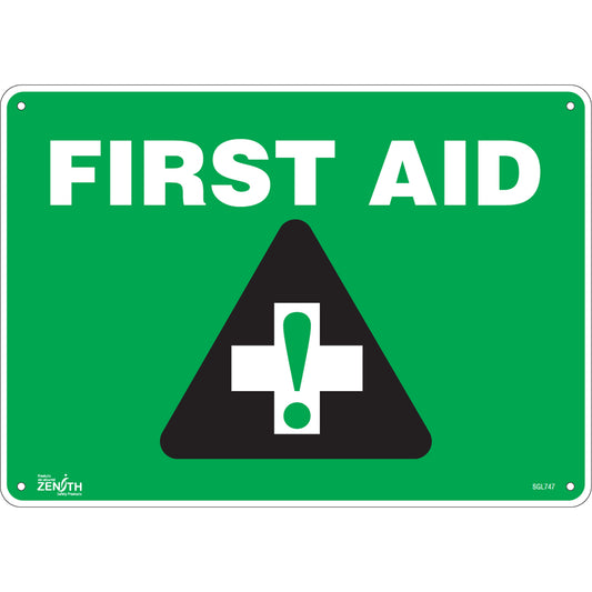 Zenith Safety Products "First Aid" Sign, 10" x 14", Plastic, English with Pictogram