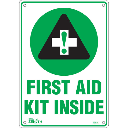 Zenith Safety Products "First Aid Kit" Sign, 10" x 7", Aluminum, English with Pictogram