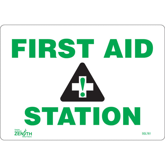Zenith Safety Products "First Aid Station" Sign, 7" x 10", Vinyl, English with Pictogram