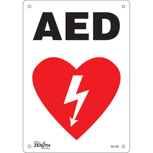 Zenith Safety Products "AED" Sign, 10" x 7", Plastic, English with Pictogram