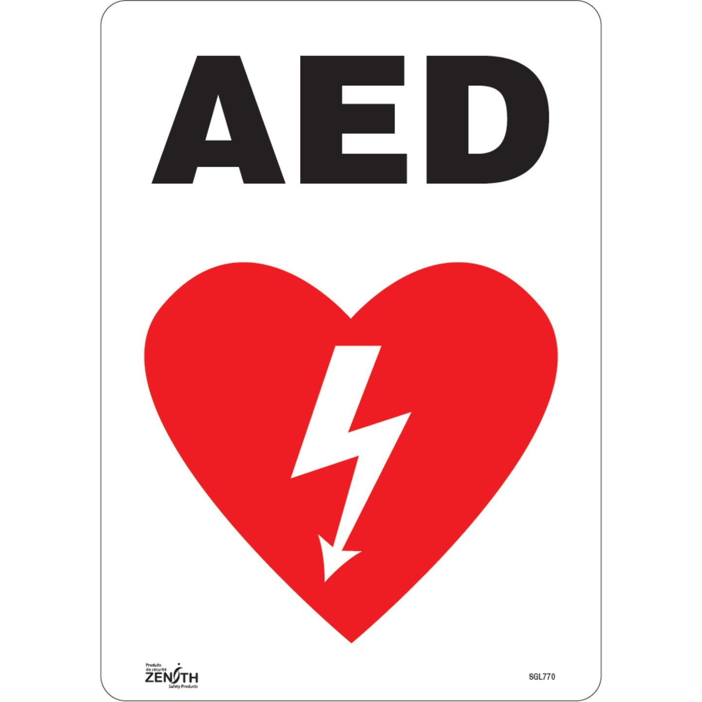 Zenith Safety Products "AED" Sign, 14" x 10", Vinyl, English with Pictogram