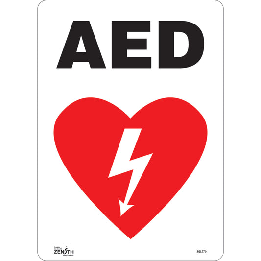 Zenith Safety Products "AED" Sign, 14" x 10", Vinyl, English with Pictogram
