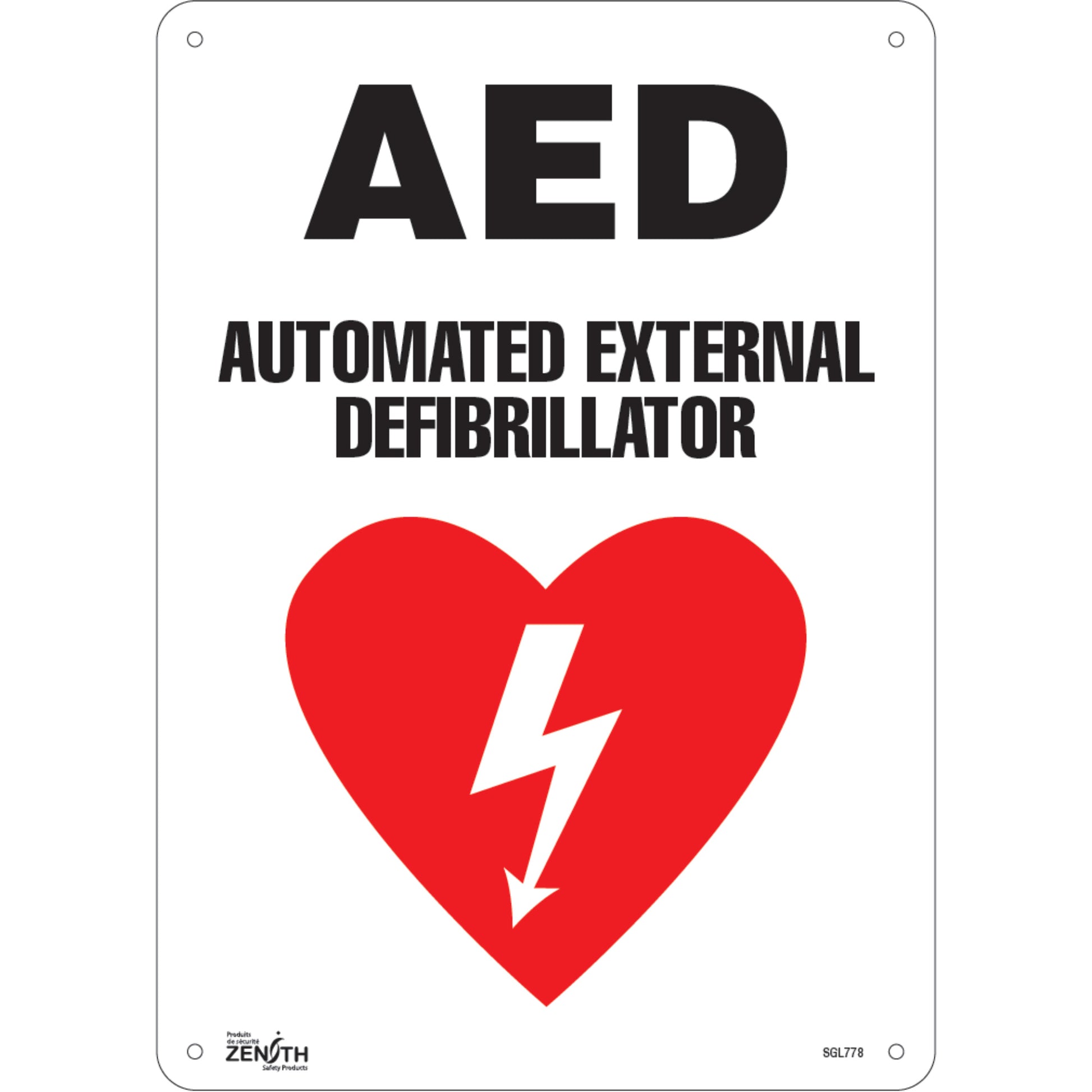 Zenith Safety Products "AED Automated External Defibrillator" Sign, 14" x 10", Aluminum, English with Pictogram