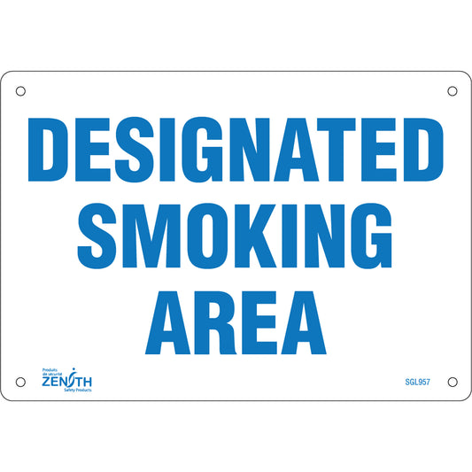 Zenith Safety Products "Designated Smoking Area" Sign, 7" x 10", Aluminum, English