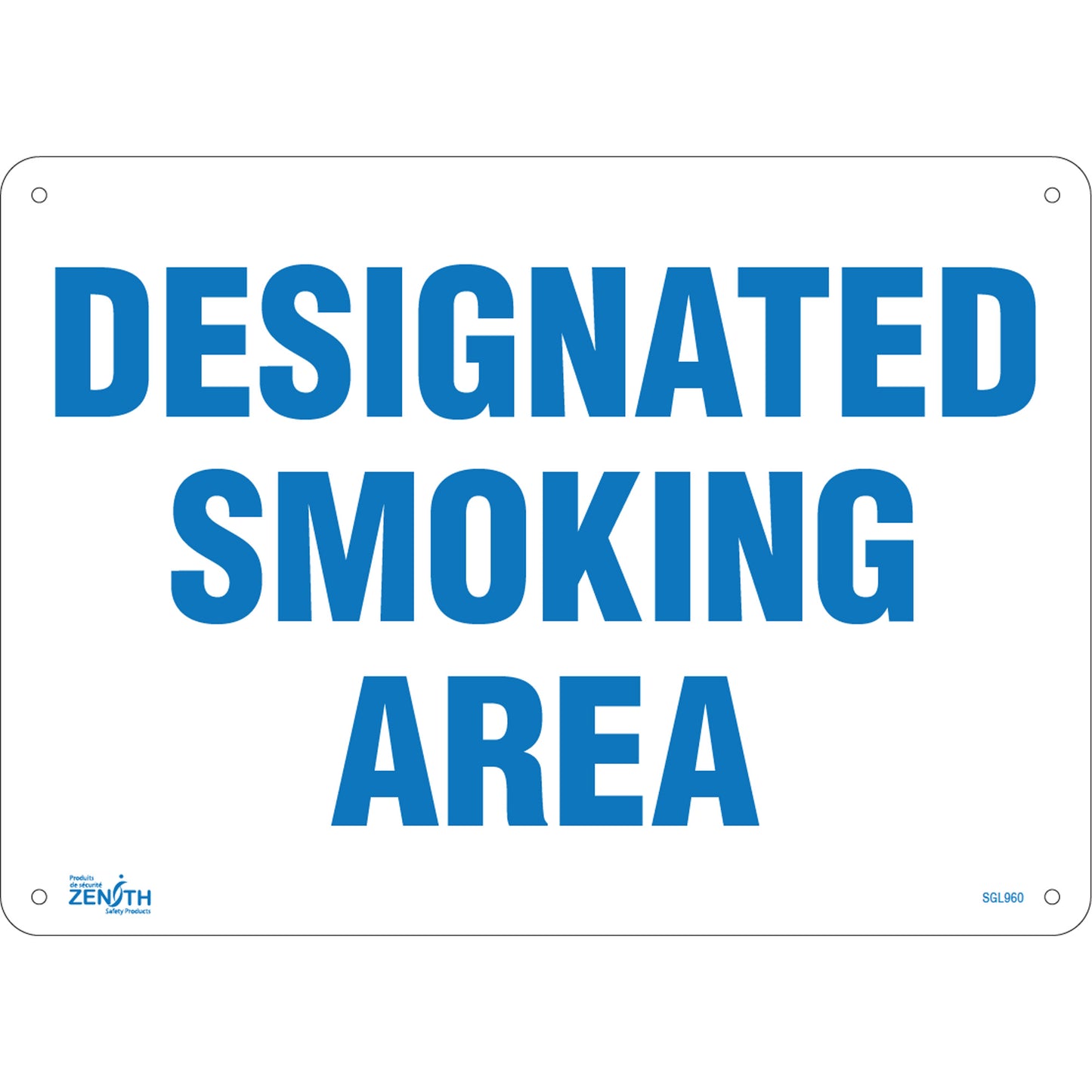 Zenith Safety Products "Designated Smoking Area" Sign, 10" x 14", Aluminum, English