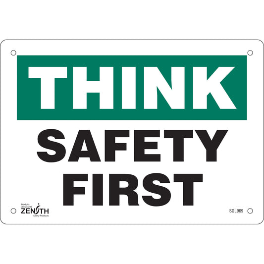 Zenith Safety Products "Safety First" Sign, 7" x 10", Aluminum, English