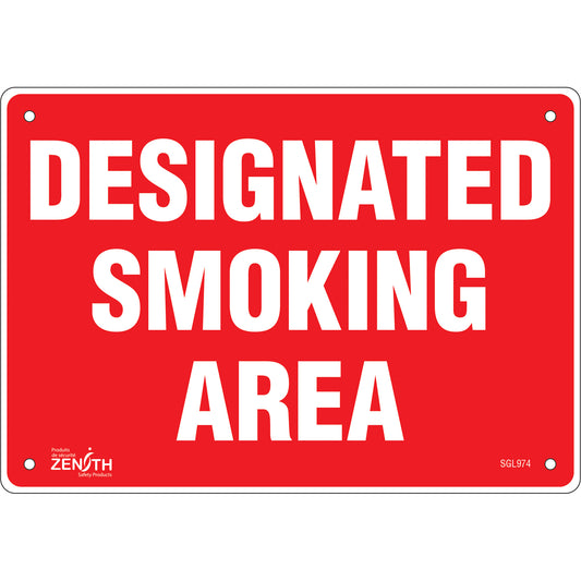 Zenith Safety Products "Designated Smoking Area" Sign, 7" x 10", Plastic, English