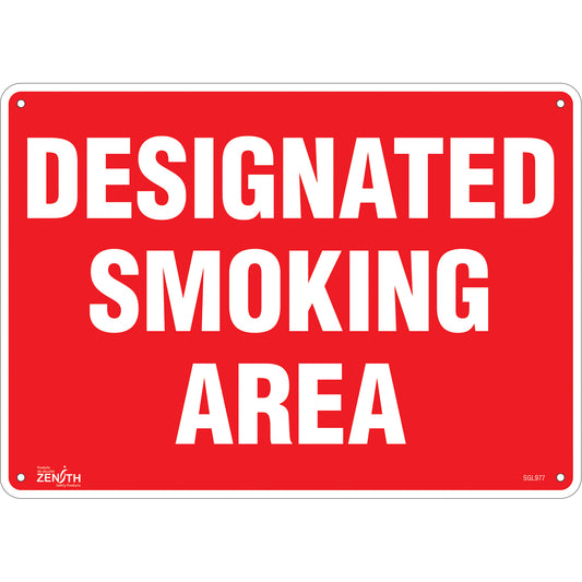 Zenith Safety Products "Designated Smoking Area" Sign, 10" x 14", Plastic, English