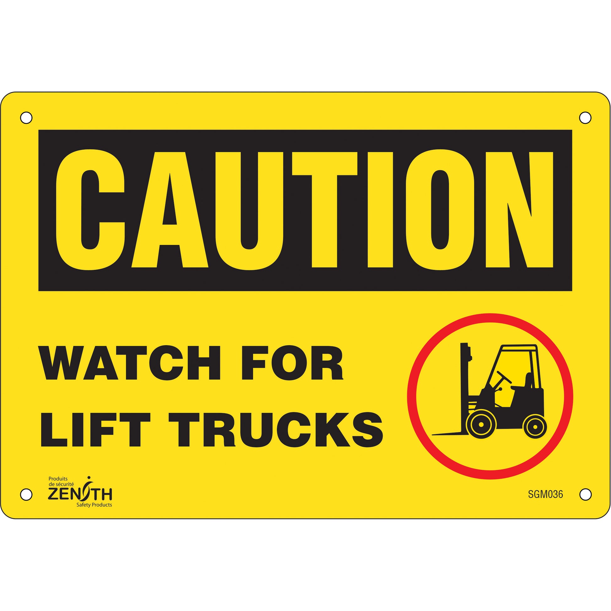 Zenith Safety Products "Watch For Lift Trucks" Sign, 7" x 10", Aluminum, English with Pictogram
