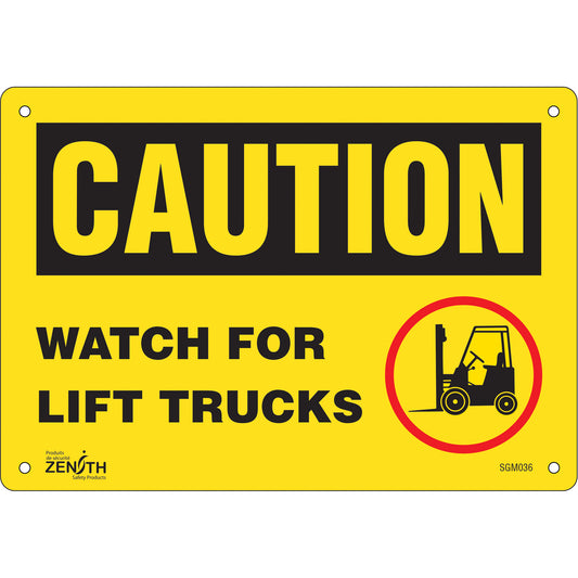 Zenith Safety Products "Watch For Lift Trucks" Sign, 7" x 10", Aluminum, English with Pictogram