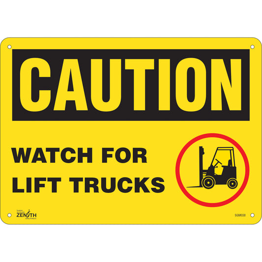 Zenith Safety Products "Watch For Lift Trucks" Sign, 10" x 14", Plastic, English with Pictogram