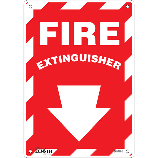 Zenith Safety Products "Fire Extinguisher" with Down Arrow Sign, 10" x 7", Aluminum, English with Pictogram