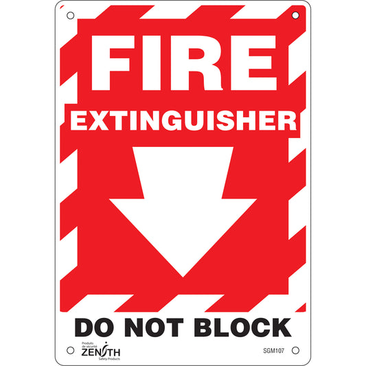 Zenith Safety Products "Fire Extinguisher Do Not Block" with Down Arrow Sign, 10" x 7", Plastic, English with Pictogram