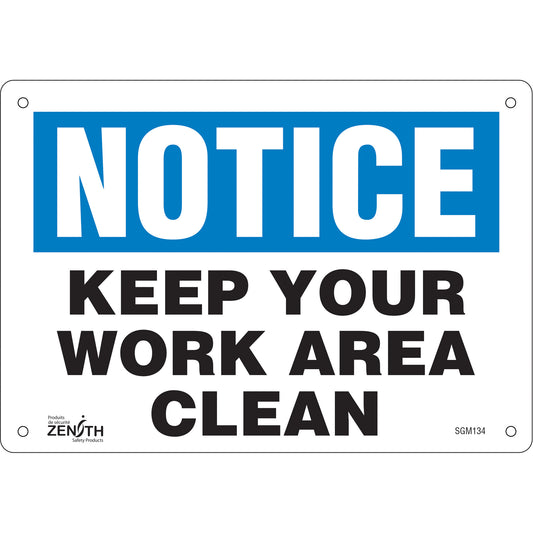 Zenith Safety Products "Keep Your Work Area Clean" Sign, 7" x 10", Plastic, English