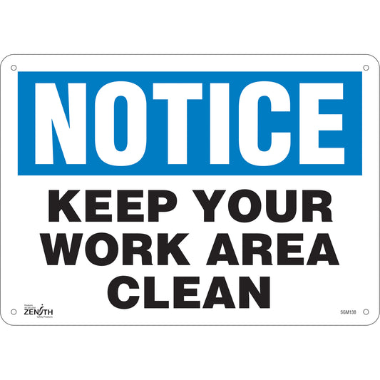 Zenith Safety Products "Keep Your Work Area Clean" Sign, 10" x 14", Aluminum, English