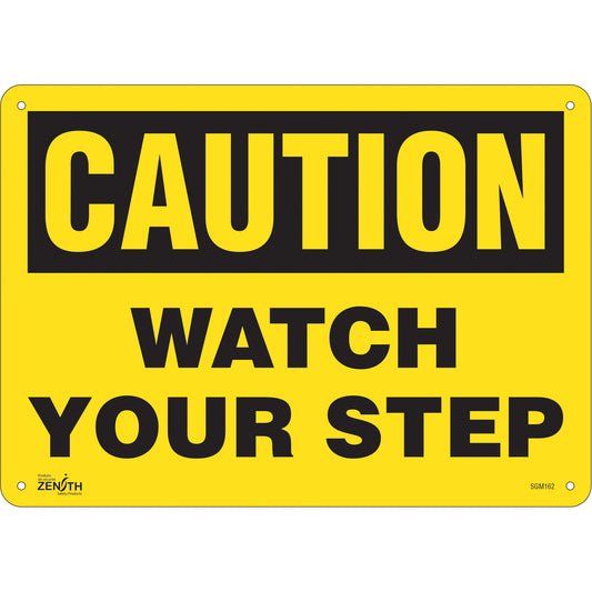 Zenith Safety Products "Watch Your Step" Sign, 10" x 14", Aluminum, English