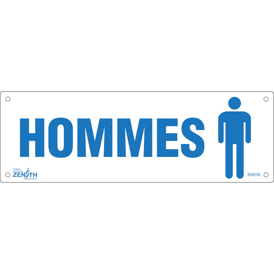 Zenith Safety Products "Hommes" Sign, 4" x 12", Plastic, French with Pictogram
