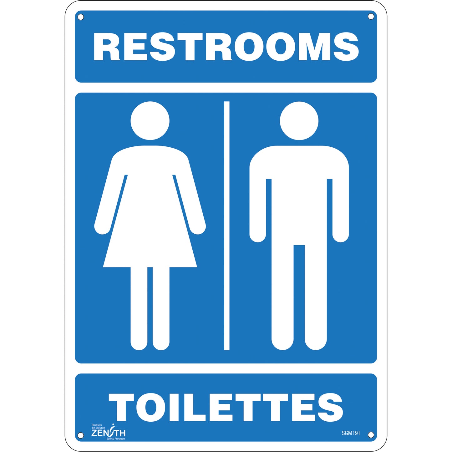 Zenith Safety Products "Restrooms - Toilettes" Sign, 14" x 10", Plastic, Bilingual with Pictogram