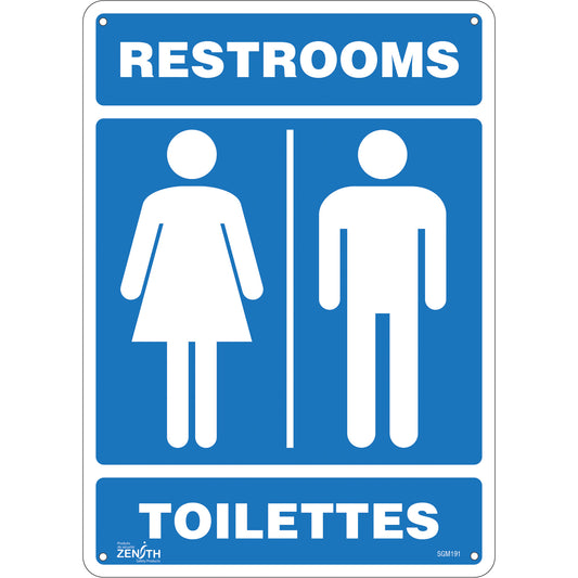 Zenith Safety Products "Restrooms - Toilettes" Sign, 14" x 10", Plastic, Bilingual with Pictogram